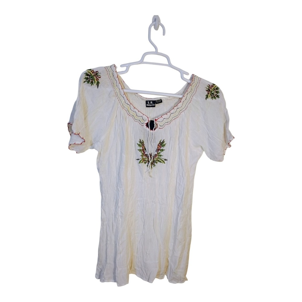 S.R. Fashion Womens Free Size (L) Cream Embroidered Boho Peasant Cotton Top New